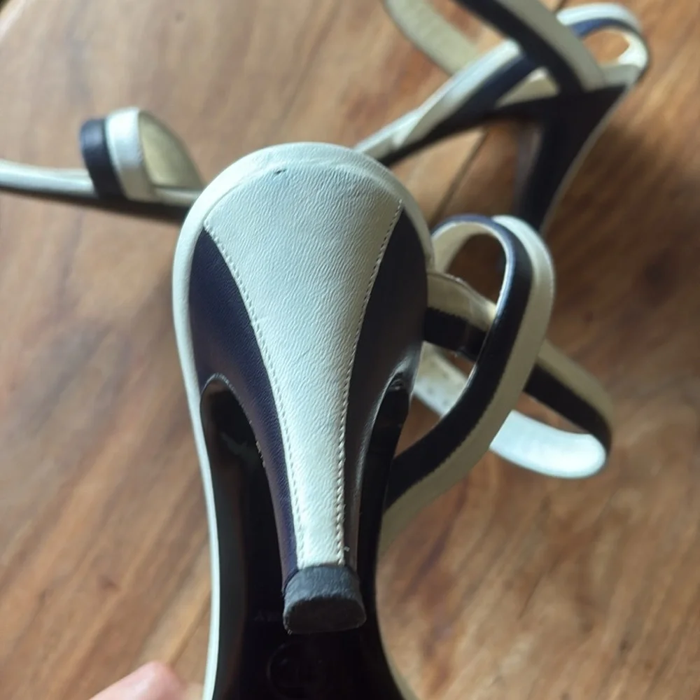 CHANEL Cream and Navy Quilted Ankle-Strap Sandals